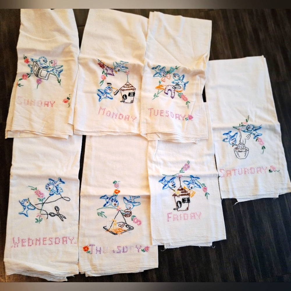Vintage Days of the Week Linen Kitchen Towels-  Large 3' x 2'